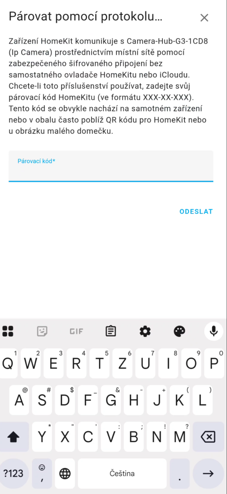Zadání HomeKit kódu pro párování