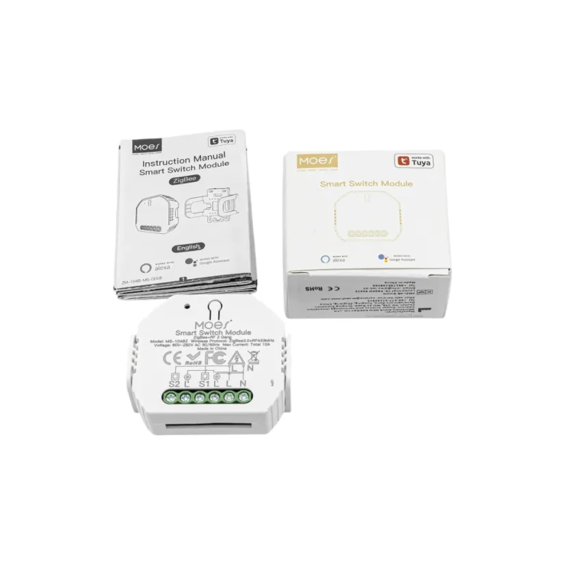 MOES Smart Switch Module - Zigbee DIY spínač světel - Neutrální vodič: vyžaduje "N" vodič, Počet spínačů: 2, Maximální proud: 10 A