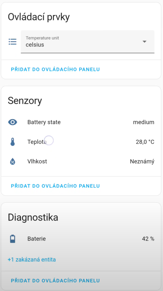 Snímek obrazovky Home Assistant s rozhraním pro MOES Flower Plant Monitor